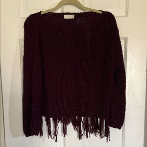 Altar'd State Burgundy Fringed Hem Chunky Knit Sweater